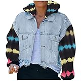 GODKS Jeansjacke Damen Tie Dye Patchwork mit Kapuze Vintage Jean Mantel Übergangs Denim Jacke Colorblock Drucken Kurz Jeansjacke Übergangsjacke Leichte Waschungseffekt Retro Denim Jack