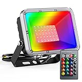 RGB LED Strahler Außen,50W LED Fluter mit Fernbedienung, 16 Farben 4 Modi Wasserdicht Ip66 LED Flutlicht mit Speicherfunktion AußEnstrahler für Garten Weihnachten Party Terrasse Musik