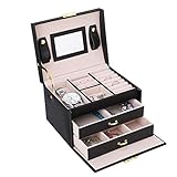 Schmuckschatulle, 3 Ebenen, Schmuckkästchen mit 2 Schubladen und Spiegel, PU-Leder + Eisen + Stoff, Aufbewahrungsbox für Uhren und Schmuck (schwarz)