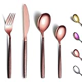 Berglander Besteck Set 24 Stück mit Mondoberfläche Griff und glänzendem Roségold Mund Titanbeschichtung, Edelstahl Kupfer Modernes Besteck Set Utensilien Set Service für 6