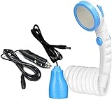 Outdoor-Duschkopf, tragbare Campingdusche, Duschpumpe mit 5000 mAh Powerbank, Taschenlampe, LED, Campinglaterne, Notfalllicht, Wandern, Haustierdusche (blau + Auto-Zigarettenanzünder-Stecker + Pumpe)