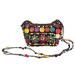 Bunte Hippie Blumen Handtasche mit Perlen - 17 x 12 cm - Umhängetasche zum Retro 60er 70er Jahre O