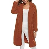 GOKOMO Damen Fleece Cardigan Einfarbig Kornvlies Strickjacke Damen Winterjacke Lang Elegant Mantel Für Damen Reversmantel Winter Lang Jacke Damen Langarm(XXL,Braun)