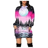 Frauen Halloween Kostüm Halloween Wald Reh Print Übergroße Hoodies Sweatshirts Kleid Winter Herbst Langarm Rundhals Mit Kapuze Tunika Sweatshirts Pullover Kleid mit Tasche (Pink-09, L)