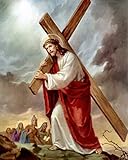 XCxCN 5D-DIY-Diamantmalerei für Kit rundes Diamant Jesus Kreuz und christliches heiliges Herz religiöses Bild Strass Stickerei Handwerk für Wanddekoration Rahmenlos -40x50