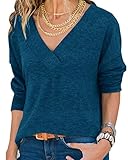 Hiistandd Damen Shirt V-Ausschnitt Tops Casual Langarmshirt Gestrickt Einfarbig Oberteile (Blau, S)