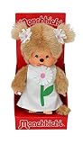 Sekiguchi 220458 - Original Monchhichi Mädchen, Plüsch-Figur mit weißem Kleid und Blumenapplikation und Zöpfen mit Blumenschmuck, ca. 20 cm großes Kuscheltier aus hellbraunem Plü