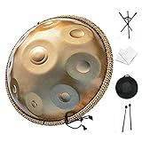 Ätherische Trommel,Handpan Drum Instrument, Steel Tongue Drum, Handpan in d-Moll 9 Töne 22 Zoll Stahlhandtrommel,Handpan Ständer, staubfreies Tuch, Gold (432 Hz)