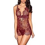 BOTCAM Spitze Negligee Dessous Damen Sexy V-Ausschnitt Babydoll Unterwäsche Lingerie Sexy Pyjama Set Aus Spitze Mit Perspektive Sexy Erotik Dress Dessous Kleid Nachthemd Mit G-String Sleepw