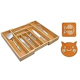 KAKUNM Besteckkasten Schublade aus Bambus, Größenverstellbarer 6-8 Fächer Ausziehbar Besteckeinsatz Küchenorganizer Und 2 Isolierpads, 50.8 x 40.64 x 5.08cm (LxBxH)Besteckeinsatz aus Bambus mit,