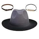 JK Home Fedora-Hüte mit 2 abnehmbaren Gürtelschnallen – breite Krempe, Wollfilz, Panamahut, weich, warm, Jazz-Mütze für Unisex Männer und Frauen, Farbverlauf schwarz, Einheitsgröß