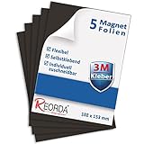 Reorda® Magnetfolie selbstklebend mit starkem 3M-Kleber I Magnetische Folie individuell zuschneidbar für Postkarten, Tafeln & Poster I Magnetplättchen hervorragend fürs basteln verwendbar (5 Stück)