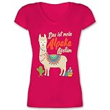 Karneval & Fasching Kostüm Outfit - Das ist Mein Alpaka Kostüm - L - Fuchsia - alpaka Damen kostüm - XO1525 - Damen T-Shirt mit V