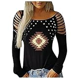 Damen Rundhals Oberteil Langarmshirt Basic Lange Ärmel Blusen Ethnischer Druck Mode Tunika Shirt Frühling Schulterfrei Oberteile Tshirt Frauen Cold Shoulder Lange Ärmel Hemd Tops(Schwarz,XXL)