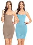 Simlu Damen Basic Nahtloses Camisole Slip Kleid Lange Spaghettiträger Cami, 2 Packungen Creme Schokolade & Candy Blue, Einheitsgröß