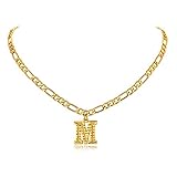 FOCALOOK Damen Buchstabe M kurze Kette 18k vergoldet Initiale Schlüsselbein Kette Anhänger mit 40+5cm Figarokette goldenfarbige Alphabet Letter Halskette Schmuck