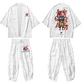 CHUIKUAJ Kimono Cardigan Haremshose Set Männer Frauen 3/4 Ärmel Jacke - Japanischer Samurai Knight Anime Print Harajuku Plus Size Streetwear,White-5XL