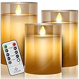 KESSER® LED Kerzen 3er Set Flammenlose Kerze mit Fernbedienung Timerfunktion Timer Dimmer Echtwachskerze 10cm, 12,5cm,15cm Hoch Realistisch Flackernde Flacker-Licht Led-Flammen Glas Deko, G