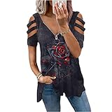 DOMBX Tunika Tops für Damen Träger Schulterfrei Tiefer V-Ausschnitt Reißverschluss Rüschen Dip Saum Lose Bluse Hemden Frauen Übergröße Rose Blumenmuster Afrikanischer Druck Boho Vintage T-S