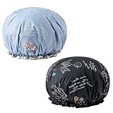 Duschhaube Damen Wasserdicht, 2 Stück Shower Cap Haarhaube dusche, Wiederverwendbare Elastische Duschhaube, Groß Duschhauben für Lange Haare, Badekurort, Spa Salon, Dusch Haube（Blau, Schwarz）