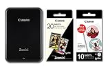 Canon Zoemini Mini Printing Kit Fotodrucker + Fotopapier 20 Stk ZINK ZP-2030 + 10 Circle Sticker (Mobiler Sofortdruck, Bluetooth, 5 x 7,5 cm Fotos, Akku, tintenfrei, iOS, Android, Printapp), schw