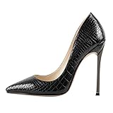 MissHeel Damen Spitze Pumps Absatzschuhe Metallabsatz Krokodil-Optik Schwarz EU 38