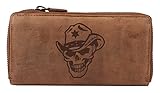 Greenburry Vintage Leder-Geldbörse mit Totenkopf Motiv - Cowboy Cowgirl Geldbeutel für Biker und Heavy Metal Fans - Damen- Portemonnaie mit Skull Motiv - 19x10x2,5