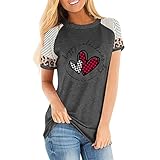Valentinstag Shirt Damen Tshirt Top,Striped Leopard Stitching Love Print Rundhals Tee Kurzarm,Romantisches Paare Kleidung,Couple-Shirt Verliebte-#8
