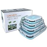 Faltbare Silikon Lebensmittel Aufbewahrungsbehälter mit Deckel, tragbare Lunch Bento Box, Picknick Box, platzsparend, mikrowellen, spülmaschinen und gefriergeeignet, 4er-Set (blau und grau)