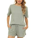 WAQD Damen Schlafanzug Kurz Pyjama Set Sommer Kurzarm Top und Short Nachtwäsche Hausanzug Zweiteilige Sleepwear Freizeitanzug Damen Sommer Print Casual Pyjamas Zweiteiliger Pyjama mit T