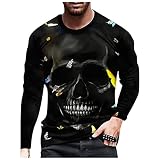 Alwayswin Herren Langarmshirt mit 3D Totenkopf-Print Casual Rundausschnitt Langarm T-Shirt Hemd Mode Lose Tops Bluse Herbst Winter Slim Fit Basic-T-Shirt Sw