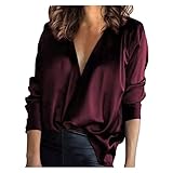 Damen Satin seidig weich T-Shirt einfarbig Temperament V-Ausschnitt Top B