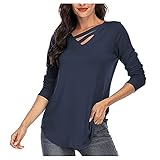 KEERADS Damen Langarm Einfarbig V-Ausschnitt Unregelmäßige Saum Tops Lose Casual Tops T-Shirt (Marine, S)