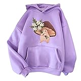 Damen-Sweatshirt mit niedlichem Cartoon-Motiv, langärmelig, einfarbig, lässig, grafisches T-Shirt, Herbstkleidung, Tops, Kapuzenpullover, Bluse, Pullover, violett, 38