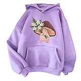 Damen-Sweatshirt mit niedlichem Cartoon-Motiv, langärmelig, einfarbig, lässig, grafisches T-Shirt, Herbstkleidung, Tops, Kapuzenpullover, Bluse, Pullover, violett, 38