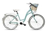 Goetze Blueberry Vintage Retro Citybike Damenfahrrad Hollandrad, 1 Gang ohne Schaltwerk, Tiefeinsteiger, Rücktrittbremse, 26 Zoll Alu Räder, Korb mit Bezug Gratis!