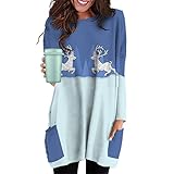 Damen-Tunika mit Weihnachts-Elch-/Schneemann-Motiv, langärmelig, Rundhalsausschnitt, Freizeithemden, übergroße Pailletten-Tasche, Sweatshirt-Kleid, hellblau, 46
