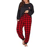 Masrin Loungewear Set Damen Mode Pyjama Anzug mit Liebesherz Motiv Rundhals Kurzarm T Shirt + Karierte Hose Zweiteiler Lose Nachtwäsche in Übergröße Schlafanzug Christmas Homewear Freizeitbekleidung