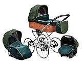 SKYLINE Klassisch Retro Stil Wicker LUX Kombi-Kinderwagen Buggy 3in1 Reise System Autositz (Isofix) (Sea Green/17'Räder)