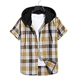 Hoodie Herren Kurzarm Sommer Kariert Farbkontrast Spleißen Herren T-Shirt Regular Fit Schnürung Knopfleiste Herren Shirt Mode Trend Casual Herren Streetwear DM15 L