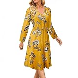 KIMODO Freizeitkleider Strandkleid Knielanges Kleid Blumen Damenmode V-Ausschnitt Lässiges Langarm Blumendruck Elegant Sommerkleid Frauen Lockere Große Größen Maxikleid (A-Gelb, L)