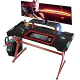 Gaming Desk 120 cm großer LED Workstation Gaming Tisch Pro Carbon beschichtet mit Getränkehalter & Hedphone Haken schw