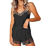 Damen Pyjama Set,Schlafanzug Ärmellos Nachthemd Sommer Kurz Pyjama Shorty Spitzen Satin Nachtwäsche Negligee Set Mit Verstellbaren Trägern Dessous Negligee Cami Top Loungewear Einfarbig Sleepw