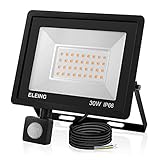 ELEING 30W LED Strahler Außen mit Bewegungsmelder, 2400LM Aussenstrahler Scheinwerfer Aussen, IP66 Wasserdicht Fluter 3000K Warmweiß Flutlicht Aussenlampe, Aussenleuchte für Garage Garten Vorp