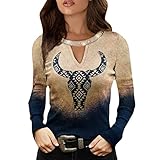 YueLove Damen Bluse Elegant V-Ausschnitt Langarm Casual Oberteile Hemd Lose Langarmshirt Tops Rundhals Einfarbig Langarmshirts Mesh-Oberteile (Khaki, XXXL)