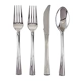 Curve Collection Besteck-Set, robustes Kunststoff-Besteck, 96-teiliges Set, 48 Gabeln, 24 Messer und 24 Löffel für gehobene Hochzeit und Esszimmer (Silber)