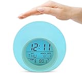 Kids Alarm Clock, Kinderwecker 7 Farben ändern Lichtwecker für Jungen Mädchen, Schlummerfunktion, 8 Klingeltöne, 12/24 Stunden, One-Tap-Control, Innentemperaturanzeige (Blau)