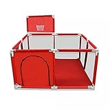 Laufstall Baby Laufgitter Mit Basketballkorb, Krabbelgitter Schutzgitter Babyzaun Mit Atmungsaktivem Netz, 128cm X 128cm X 66 cm (Rot)