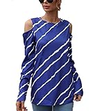 Notinzo Damen Bluse Streifen Gedruckt Slim Fit Tunika Rundhals Tops Langarm Schulterfrei T-Shirt, blau, X-Larg