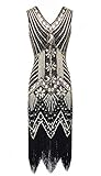 VILOREE Retro 1920er Damen Flapper Kleider voller Pailletten V-Ausschnitt Great Gatsby Motto Party Schwarz + Gold L